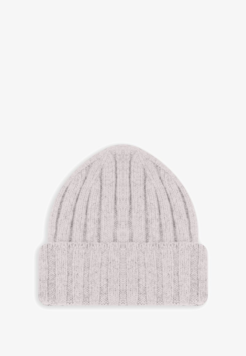 Beanie grigio a maglia con texture a coste, dotato di risvolto. Materiale morbido, cima arrotondata e colore uniforme su tutta la superficie.