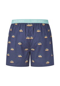 Boxers bleu marine pour hommes avec une ceinture bleu clair portant l'inscription "HAPPY SHORTS" et un motif répétitif de petits vans orange.