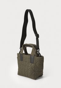 Quilted olive green tote bag with two top handles and a detachable black strap. Features rectangular leather accents and a geometric pattern.