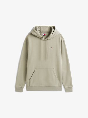Hellgrüner Hoodie mit einer vorderen Kängurutasche, verstellbarem Kordelzug von der Kapuze und kleinem Logo auf der Brust. Baumwollmischgewebe, weicher Textur.