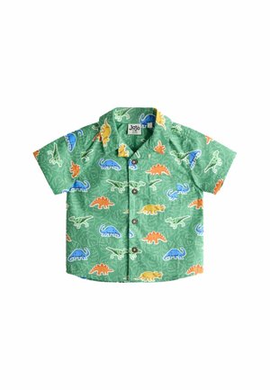 Grünes kurzärmeliges Hemd mit Knöpfen und blau, orange sowie gelben Dinosauriermustern für Kleinkinder, mit Kragen und einer VorderTHtasche.