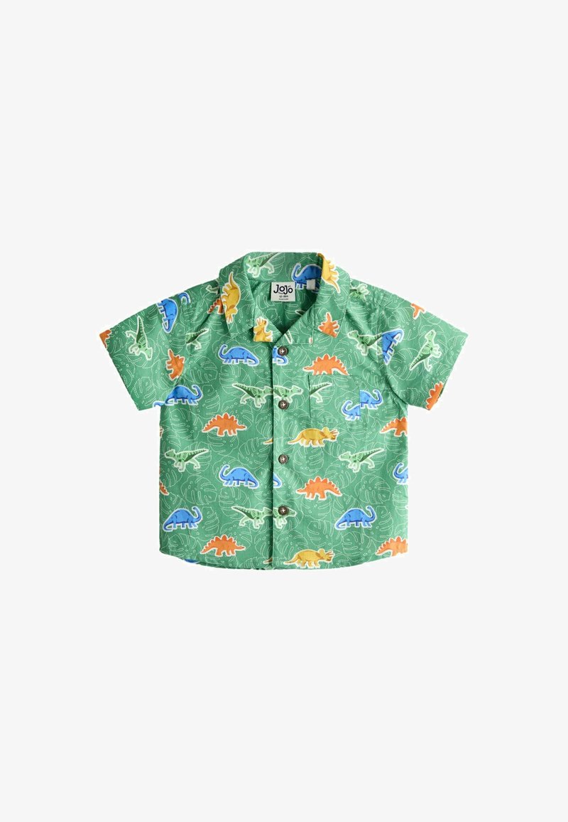 Chemise verte à manches courtes avec boutons, motifs de dinosaures bleus, orange et jaunes pour tout-petits, avec col et poche avant.