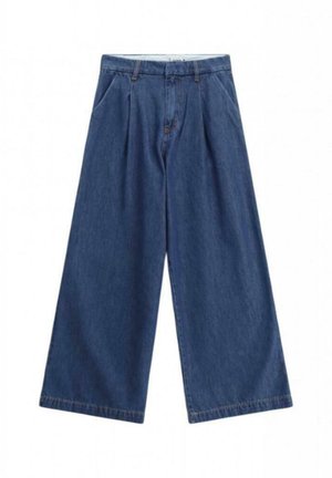 Pantaloni in denim a gamba larga di colore blu scuro. Caratterizzati da vita alta, davanti plissettato e orlo grezzo. Realizzati in cotone resistente con una texture liscia.