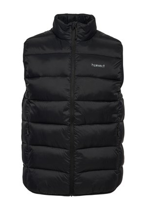 Sort quiltet ærmeløs dunvest med høj krave, frontlynlås, sidelommer og lille "hummel" logo på brystet.