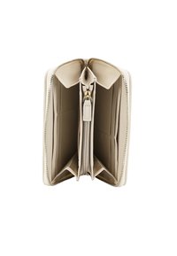 Beige zippered wallet with smooth leather texture, featuring multiple card slots and a central zippered compartment for coins.