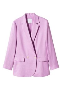 Fioletowa lniana marynarka o dopasowanym kroju, z podwójnym zapięciem, klapami w kształcie litery V i dwoma bocznymi kieszeniami; wyróżniają się jasnymi guzikami.