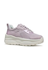 Sneaker rosa chiaro con tomaia in rete e sintetico, colletto imbottito e suola crema testurizzata. Presenta una forma arrotondata e chiusura con lacci.