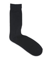 Schwarze Socke aus einem glatten, gestrickten Material. Verfügt über eine verstärkte Zehenpartie, ein geripptes Bündchen und ein klassisches Crew-Längen-Design.