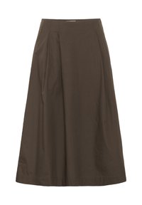 Pruun, põlvekõrgune seelik pehmest kangast, millel on kortsuline disain. Omab siledat tekstuuri ja lihtsat, klassikalist siluetti.