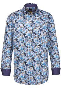 Camicia a maniche lunghe con motivo floreale nei colori blu, navy, marrone e crema, con colletto navy a tinta unita e chiusura con bottoni davanti.
