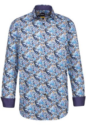 Langärmliges Hemd mit floralem Muster in Blau, Marineblau, Braun und Creme, mit einem einfarbigen Marineblauen Kragen und Knopfverschluss vorne.