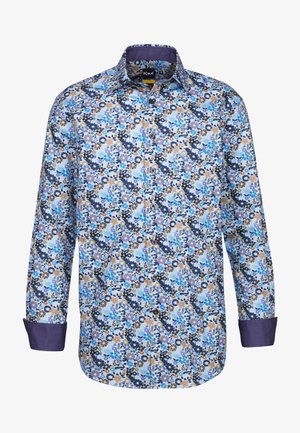 Camicia a maniche lunghe con motivo floreale nei colori blu, navy, marrone e crema, con colletto navy a tinta unita e chiusura con bottoni davanti.