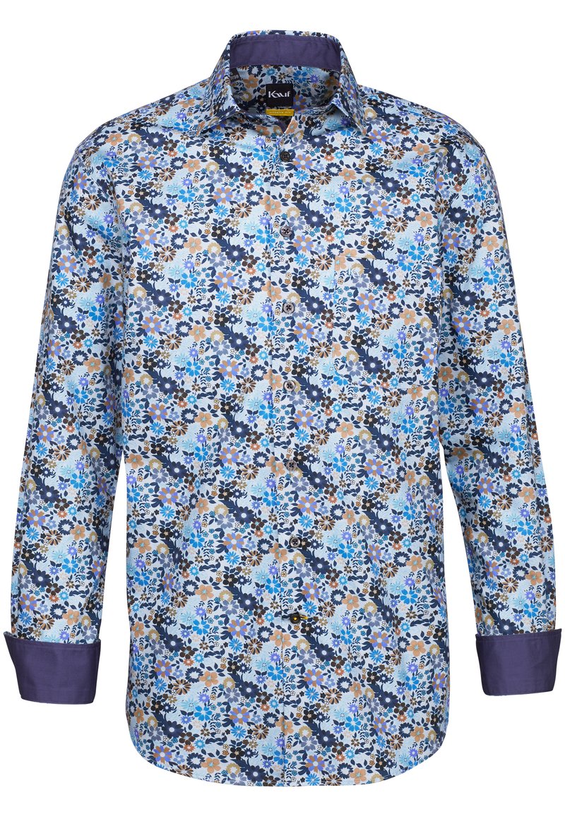 Camicia a maniche lunghe con motivo floreale nei colori blu, navy, marrone e crema, con colletto navy a tinta unita e chiusura con bottoni davanti.