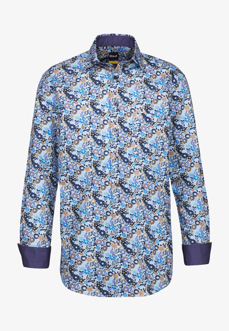 Camicia a maniche lunghe con motivo floreale nei colori blu, navy, marrone e crema, con colletto navy a tinta unita e chiusura con bottoni davanti.