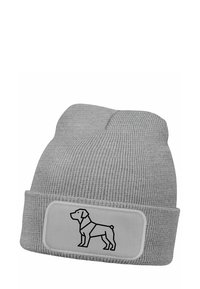 Gray knit beanie with a fold-over cuff featuring a rectangular patch with a black outline of a dog. Soft texture, simple design.