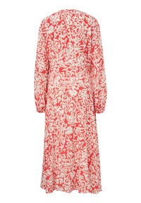 Rotes Kleid mit weißem Blumenmuster, langen Ärmeln und tailliertem Bund. Weicher Stoff mit einem schwingenden Rock, der bis zur Wade reicht. Rückansicht gezeigt.