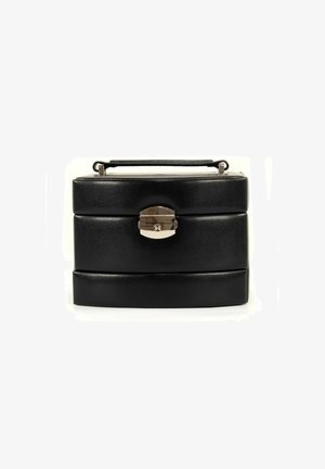 Black rectangular case with a textured finish, fitted with a top handle and a metallic closure on the front. Suitable for storage.