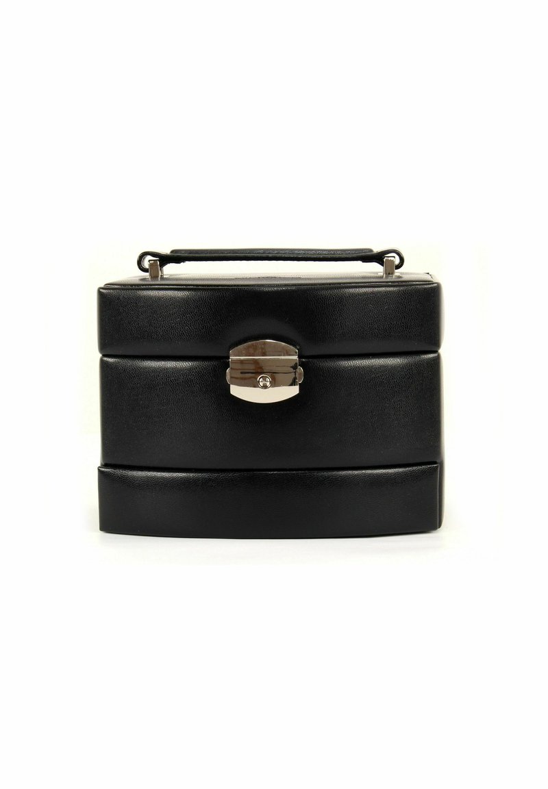 Boîte rectangulaire noire avec une finition texturée, équipée d'une poignée sur le dessus et d'une fermeture métallique à l'avant. Convient pour le rangement.