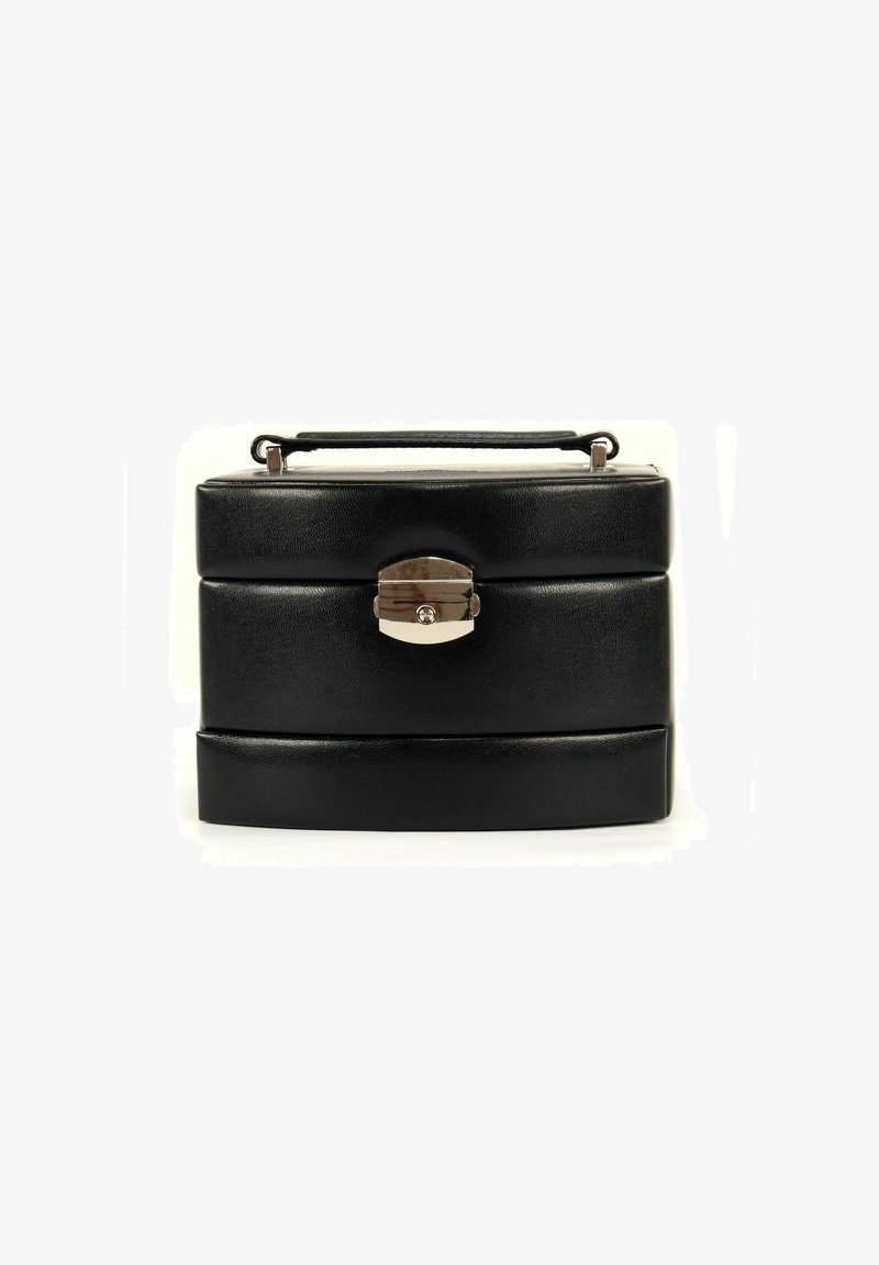 Boîte rectangulaire noire avec une finition texturée, équipée d'une poignée sur le dessus et d'une fermeture métallique à l'avant. Convient pour le rangement.