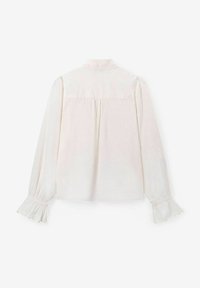 White long-sleeve blouse featuring a buttoned collar, gathered back detail, and ruffled cuffs. Smooth fabric with a plain design.