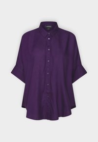Lila skjorta med knapp-up, krage, korta ärmar, avslappnad passform och en slät, något glansig struktur. Fyra knappar synliga på framsidan.