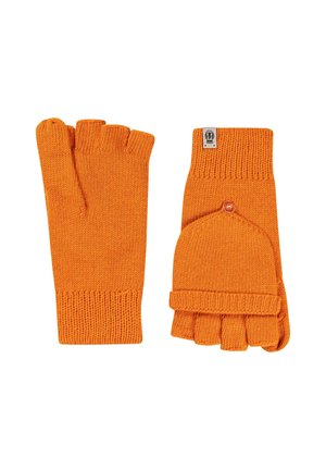 Orange gestrickte fingerlose Handschuhe mit einem gerippten Design und einem umklappbaren Stil. Enthält einen Akzentknopf und ein Logohängeschild.