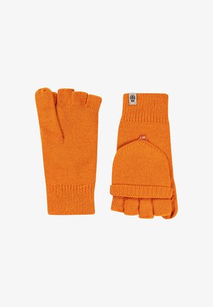 Orange knitted fingerless gloves with a ribbed texture and a fold-over design. Features an accent button and a logo tag.