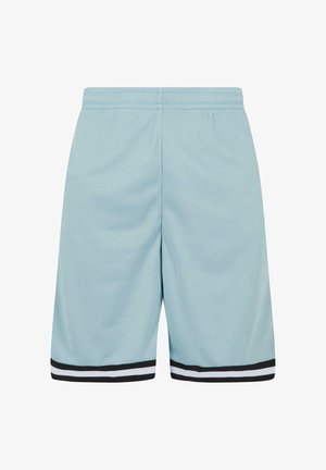 Helle blaue Mesh-Sportshorts mit elastischem Bund und schwarz-weißen gestreiften Besätzen am Saum. Weicher Stoff und atmungsaktives Material.