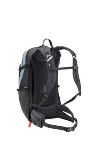 Zaino nero e grigio con pannello posteriore in rete, spallacci imbottiti, tasche laterali e cintura regolabile, progettato per comfort e ventilazione.