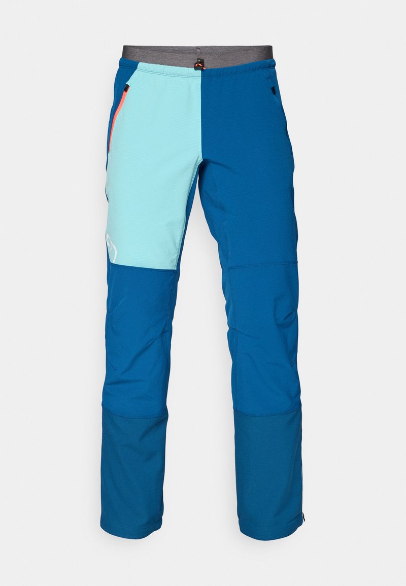 Herren Outdoor-Hosen mit elastischem Bund, Kontrastpanel in Hellblau am Oberschenkel, Reißverschlusstasche und verstärkten Knien in verschiedenen Blautönen.