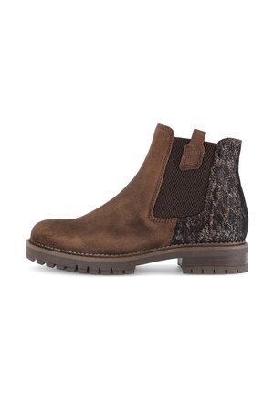 Brown suede ankle boot with elastic side panels, textured black fabric on the back, and a rugged rubber sole. Includes a pull tab for easy wear.
