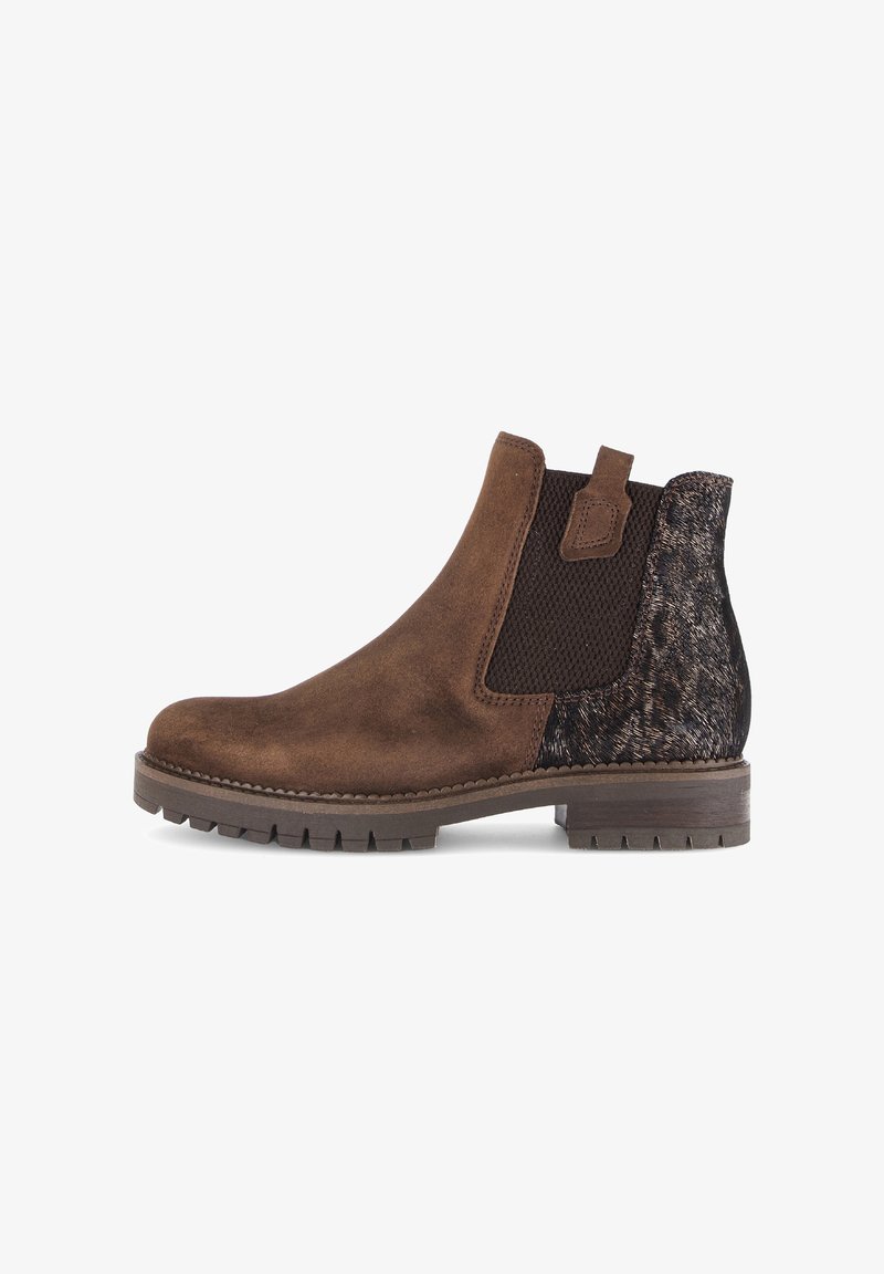 Bruine suede enkellaarzen met elastische zijkanten, een gestructureerde zwarte stof aan de achterkant en een robuuste rubberen zool. Voorzien van een lusje voor gemakkelijk aan- en uittrekken.