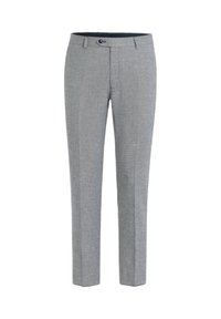 Grå skræddersyede bukser med tekstureret finish, slank pasform, flad front, bæltestropper og knaplukning i taljen.