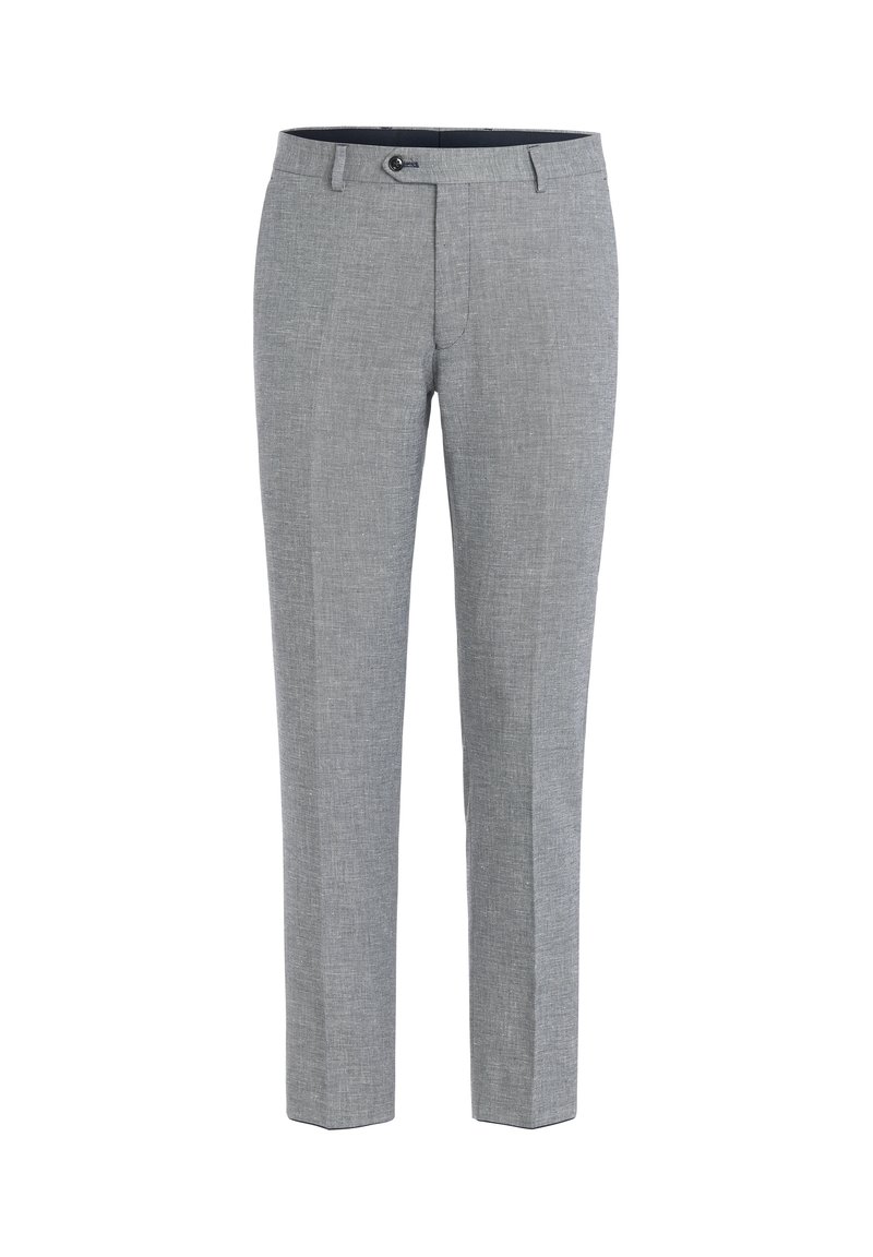 Grå skræddersyede bukser med tekstureret finish, slank pasform, flad front, bæltestropper og knaplukning i taljen.