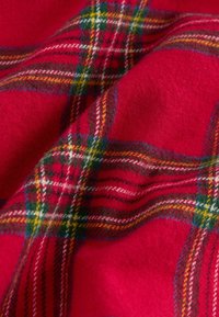 Roter Wollstoff mit einem karomuster in Grün, Gelb, Schwarz und Weiß, der weiche Falten und Textur zeigt.