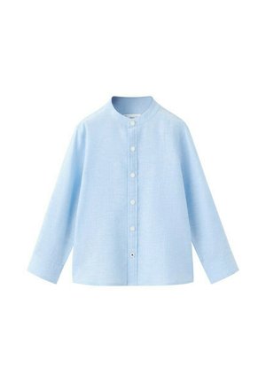 Lichtblauw overhemd met lange mouwen, een opstaande kraag en witte knopen aan de voorkant, getoond tegen een witte achtergrond.