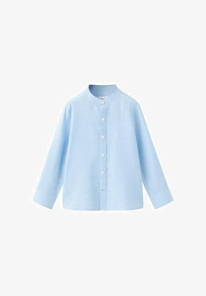 Camicia azzurro chiaro a maniche lunghe con colletto alla coreana e bottoni bianchi sulla parte anteriore, mostrata su uno sfondo bianco.