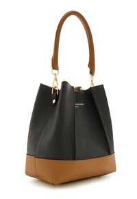 Black leather handbag with a textured finish, brown accents, and gold hardware. Features a rounded top handle and a structured base.