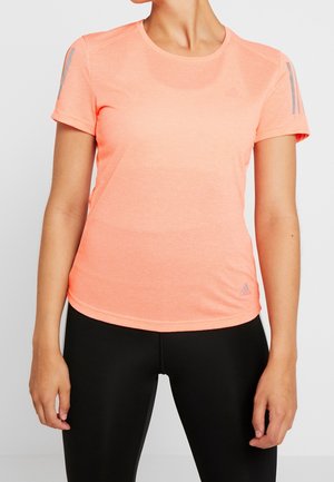 Kurzarm-Sportshirt in leuchtendem Neonorange, aus einem strukturierten, feuchtigkeitstransportierenden Stoff. Mit dezenten grauen Akzenten und Logo.
