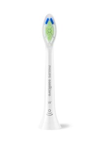 Testina del spazzolino Philips Sonicare, bianca con accenti blu e verdi, forma ovale, setole testurizzate, con un design connesso per funzionalità intelligenti.