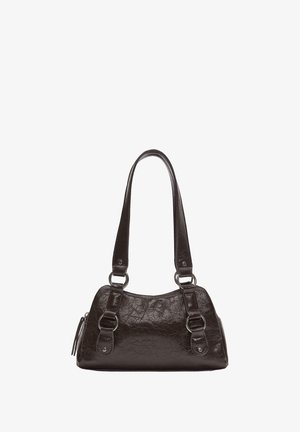 Brown faux leather handbag with a curved shape, two handles, and silver-tone hardware. Features a textured surface and zippered side pocket.