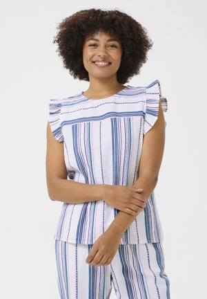 White top with blue and pink vertical stripes, short ruffled sleeves, and a relaxed fit. Fabric appears lightweight and textured.