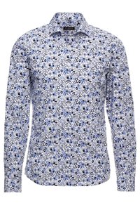 Camicia a maniche lunghe in tessuto leggero con un motivo floreale e astratto multicolore nei toni del blu, nero e bianco. Design con colletto classico.