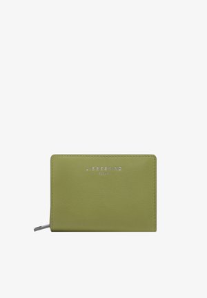 Portefeuille en cuir vert olive avec fermeture éclair argentée et "LIEBESKIND BERLIN" embossé au centre avant.