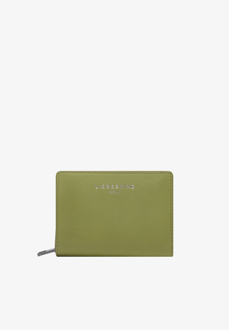 Portefeuille en cuir vert olive avec fermeture éclair argentée et "LIEBESKIND BERLIN" embossé au centre avant.