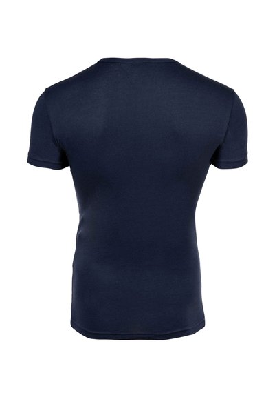 Maglietta aderente a maniche corte di colore blu navy vista da dietro con scollo rotondo e design semplice.