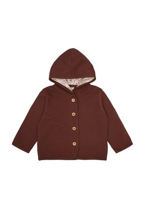 Braune Button-Down-Jacke mit Kapuze, geribbelter Textur, fünf Holzknöpfen und einem floral gemusterten Futter innen in der Kapuze.
