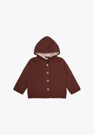 Bruine button-up jas met een capuchon, geribbeld texture, vijf houten knopen en een bloemenpatroon voering in de capuchon.