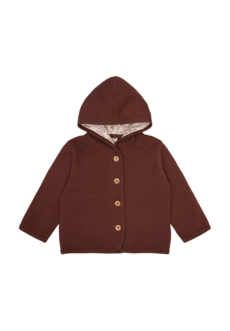 Bruine button-up jas met een capuchon, geribbeld texture, vijf houten knopen en een bloemenpatroon voering in de capuchon.