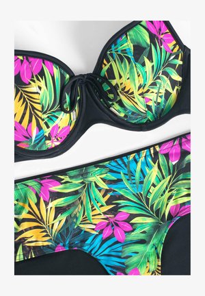 Zestaw bikini z czarną bazą z żywymi kwiatowymi wzorami w zielonym, różowym i żółtym kolorze. Górna część ma fiszbiny i regulowane związania.